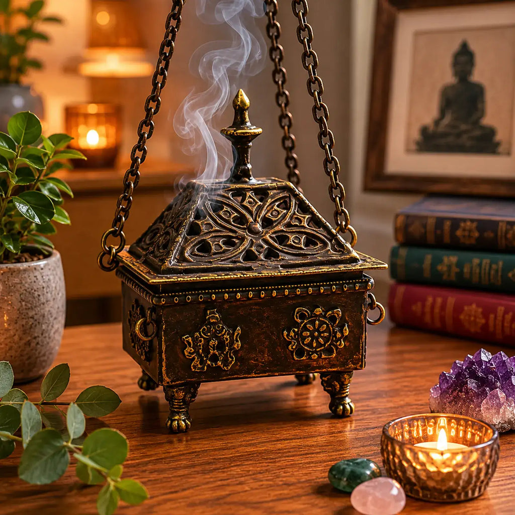 Brass Tibetan Burner - Eight Symbols Square Hanging Pot with intricate carvings emitting smoke, displayed on a wooden surface surrounded by crystals, a candle, and decorative items.