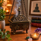 Brass Tibetan Burner - Eight Symbols Square Hanging Pot with intricate carvings emitting smoke, displayed on a wooden surface surrounded by crystals, a candle, and decorative items.