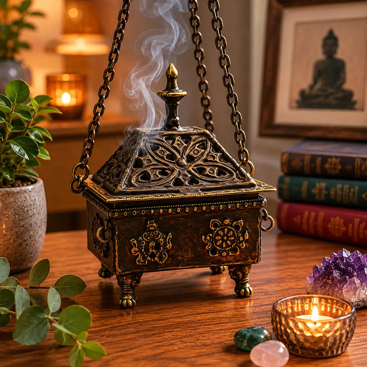 Brass Tibetan Burner - Eight Symbols Square Hanging Pot with intricate carvings emitting smoke, displayed on a wooden surface surrounded by crystals, a candle, and decorative items.