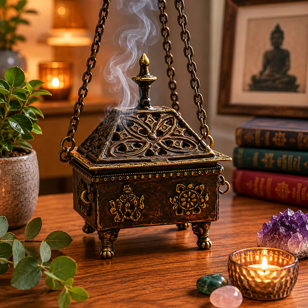 Brass Tibetan Burner - Eight Symbols Square Hanging Pot