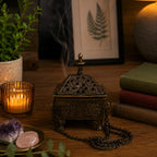Brass Tibetan Burner - Eight Symbols Square Hanging Pot releasing smoke on a wooden table next to a lit candle, crystals, and stacked books in a cozy setting