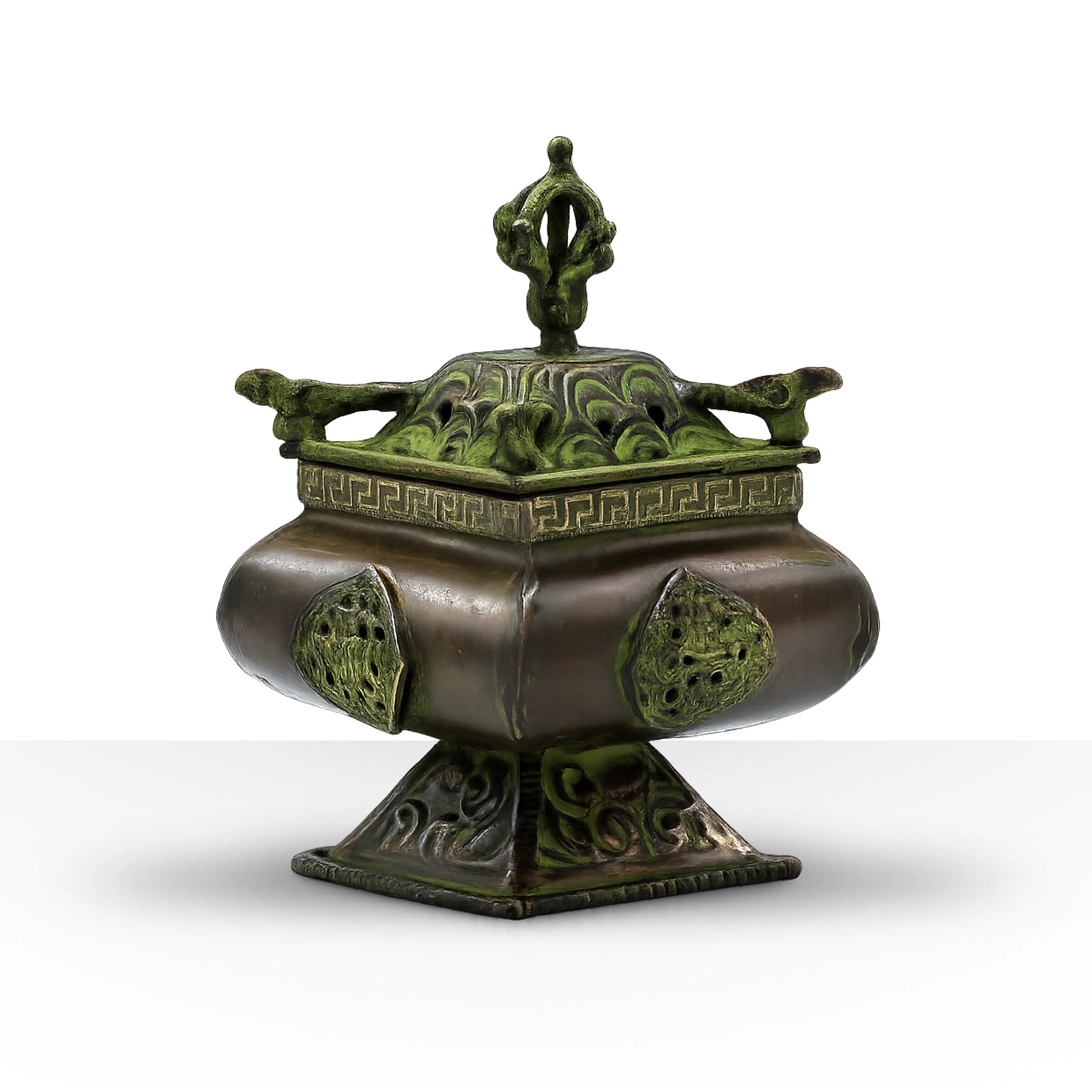 Brass Verdigris Tibetan Burner - Four Symbols Square Standing Pot