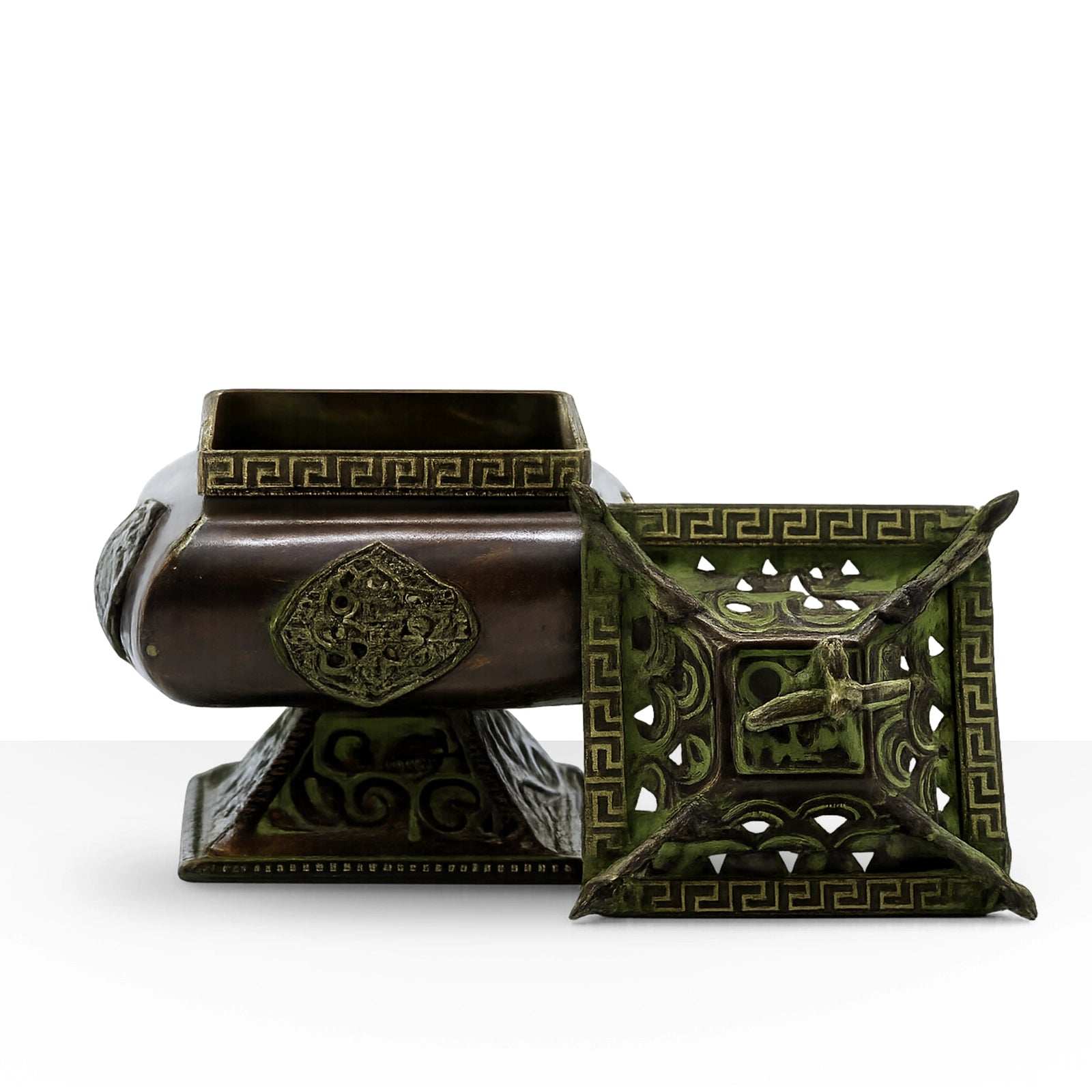 Brass Verdigris Tibetan Burner - Four Symbols Square Standing Pot