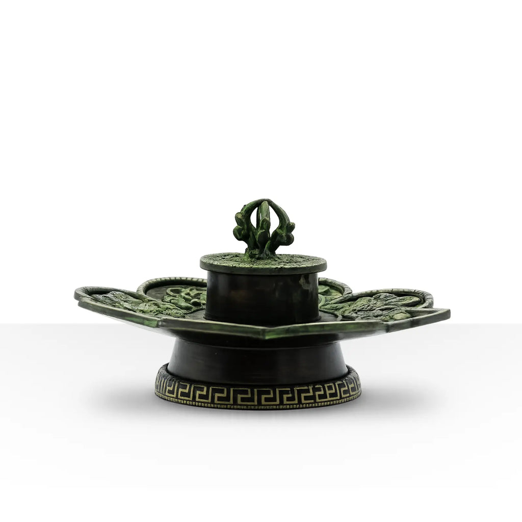 Brass Verdigris Tibetan Cone & Incense Holder - Eight Symbols