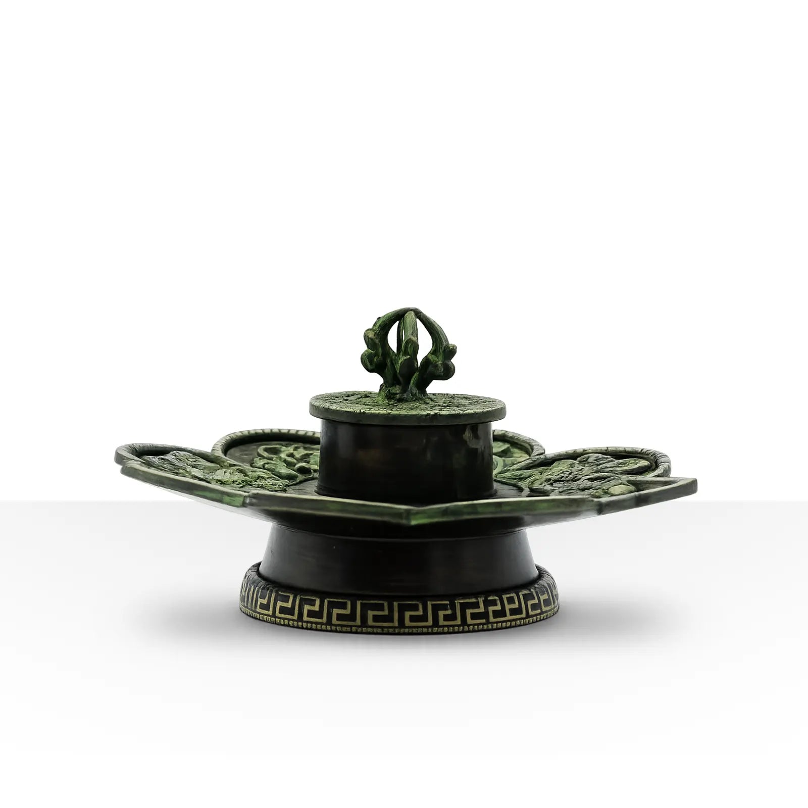 Brass Verdigris Tibetan Cone & Incense Holder - Eight Symbols