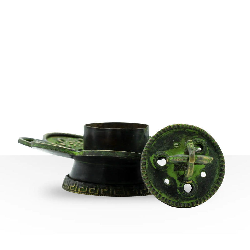 Brass Verdigris Tibetan Cone & Incense Holder - Eight Symbols
