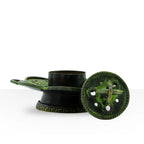 Brass Verdigris Tibetan Cone & Incense Holder - Eight Symbols with intricate design, antique green patina, and traditional symbols for spiritual incense burning and Buddha decor.