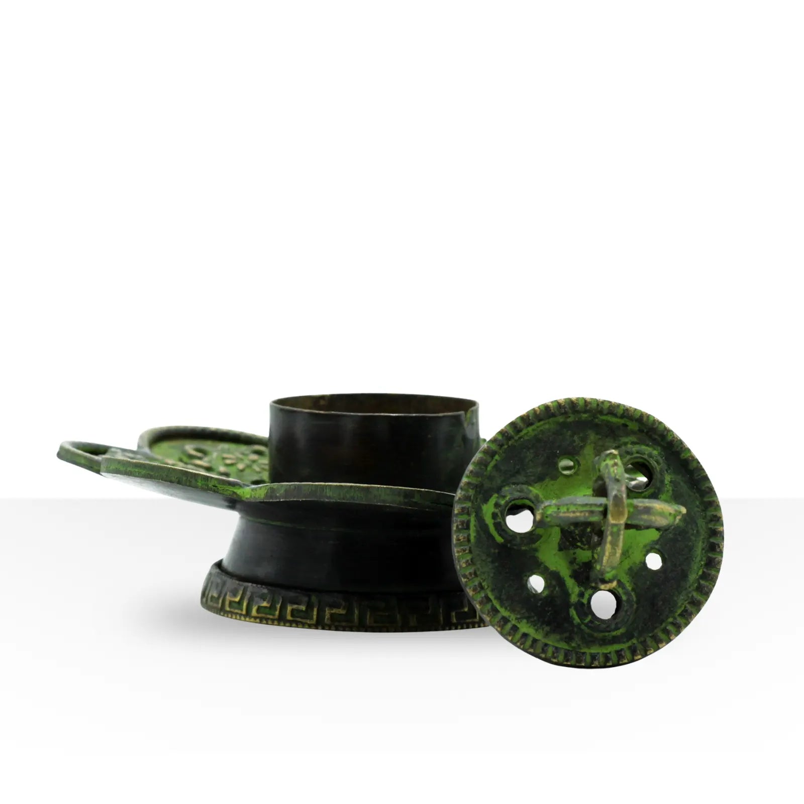 Brass Verdigris Tibetan Cone & Incense Holder - Eight Symbols