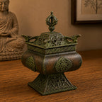 Brass Verdigris Tibetan Incense Burner - Four Symbols Square Standing Pot