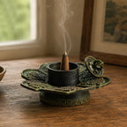 Brass Verdigris Tibetan Incense Holder Cone - Eight Symbols