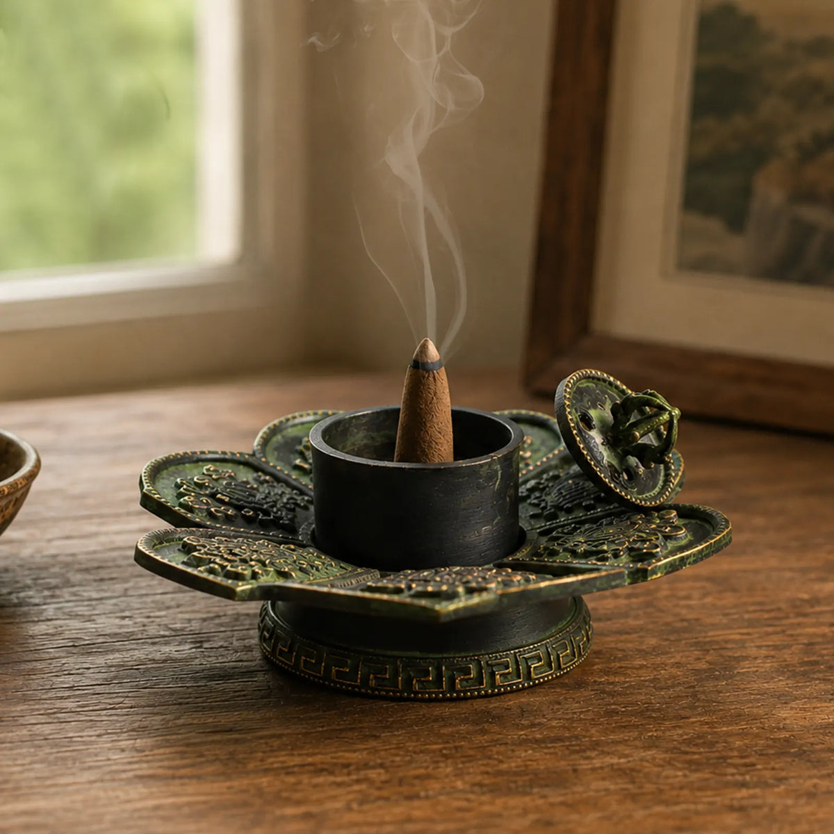 Brass Verdigris Tibetan Incense Holder Cone - Eight Symbols