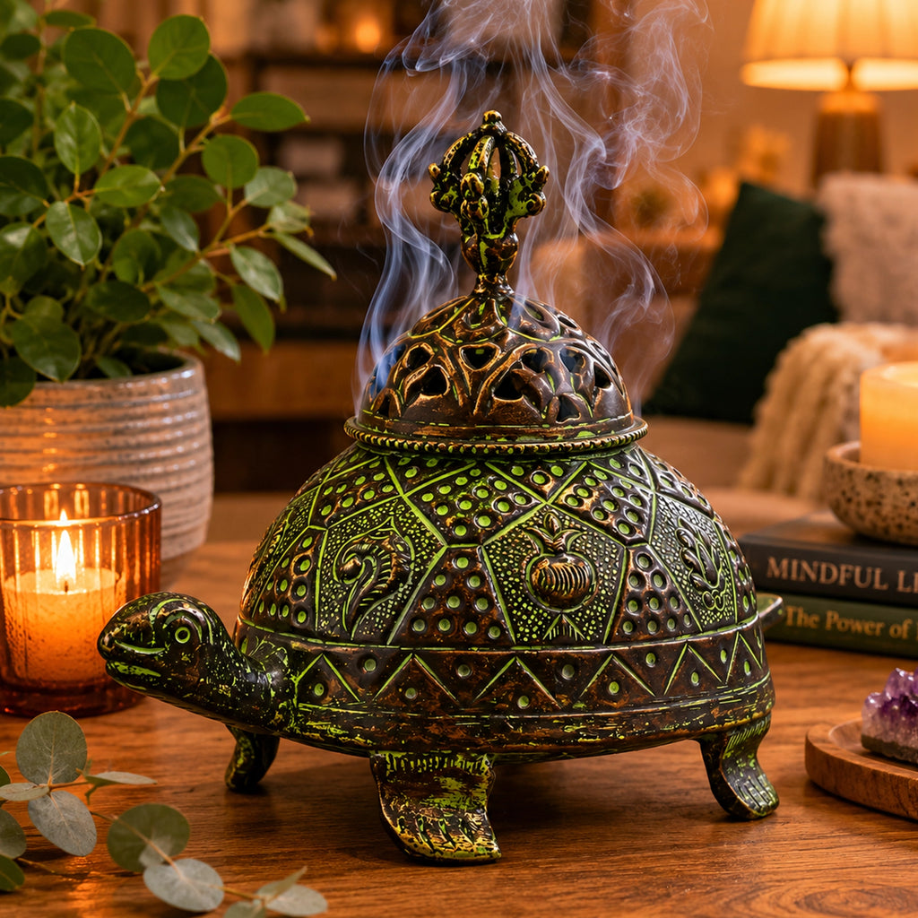 Brass Verdigris Tibetan Turtle Incense Holder - Large