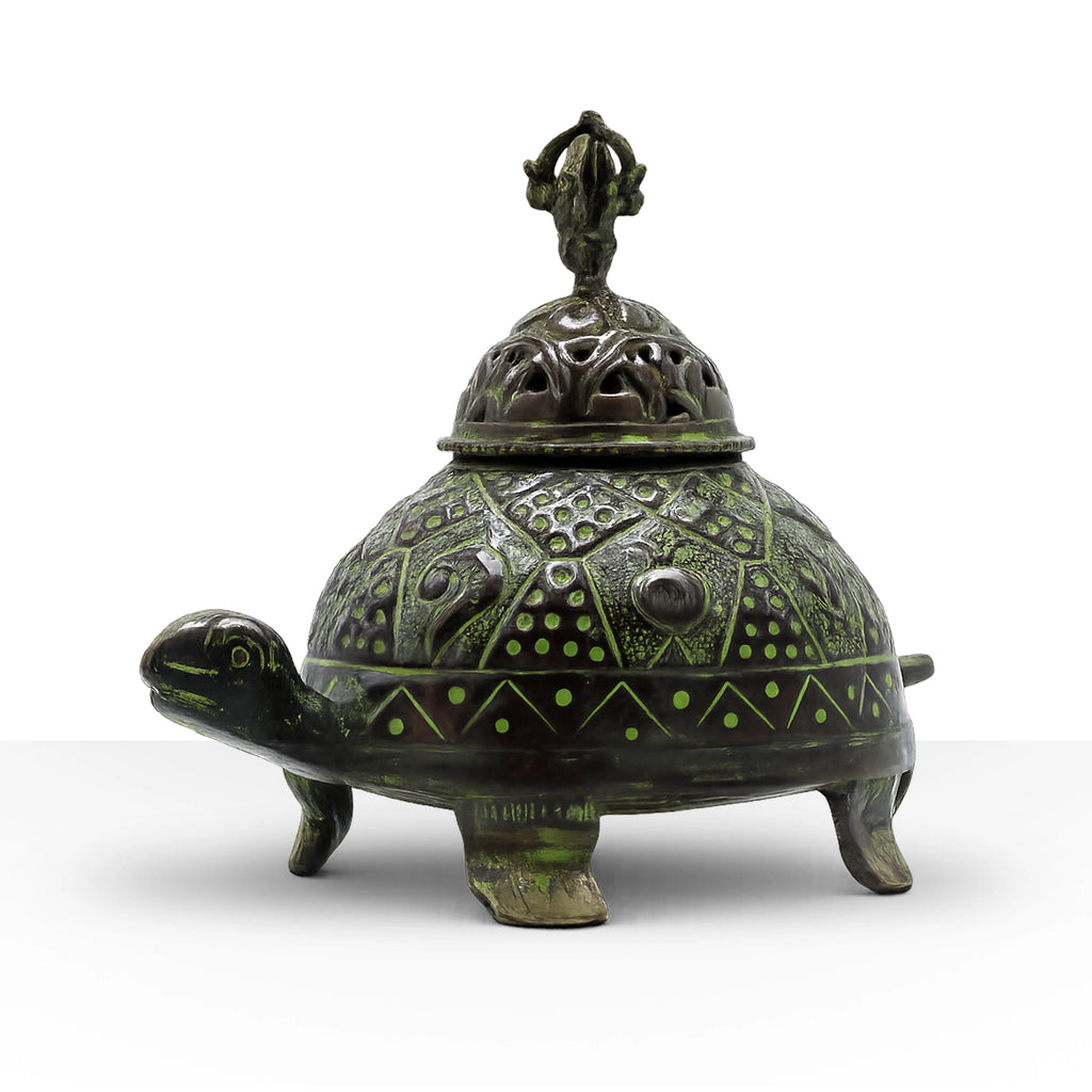 Brass Verdigris Tibetan Turtle Incense Holder - Large