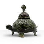 Brass Verdigris Tibetan Turtle Incense Holder - Large with intricate patterns, featuring a domed lid with a decorative finial, combining traditional design and functional incense storage.