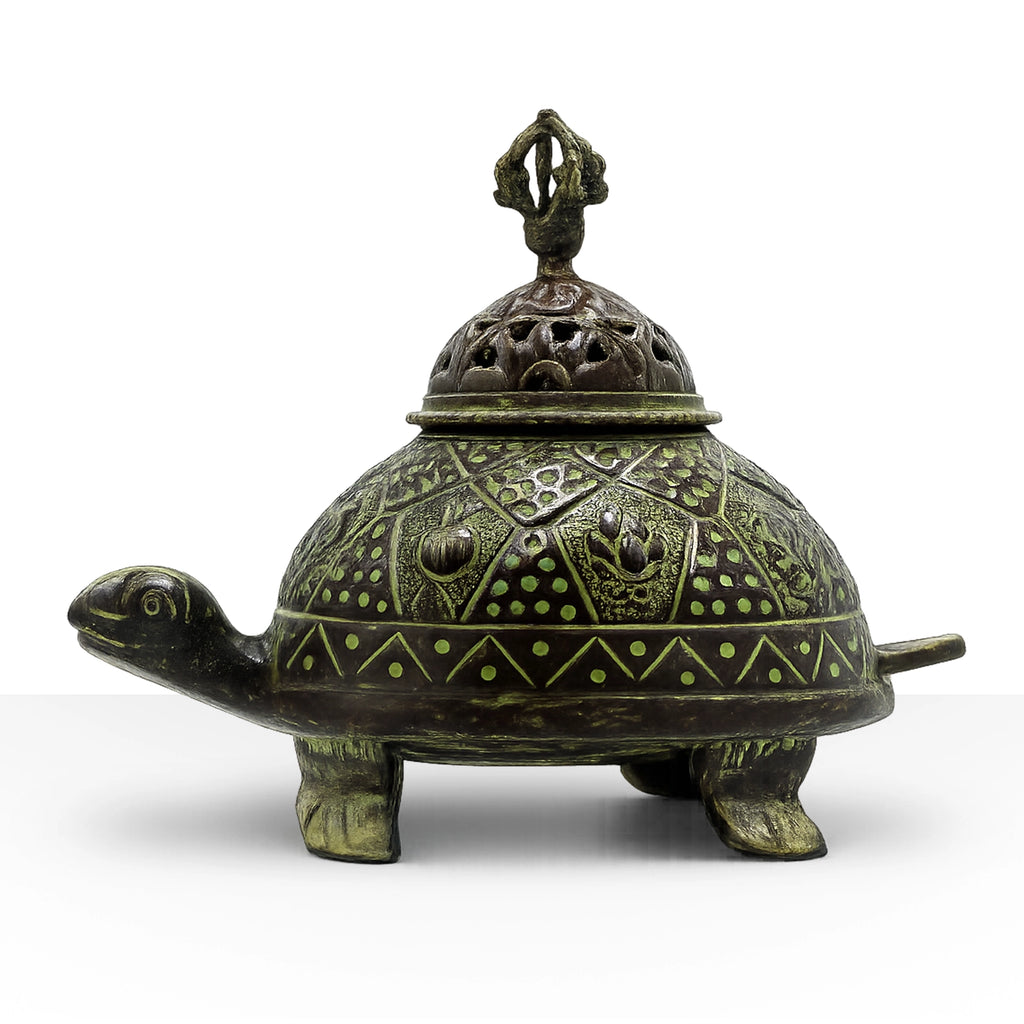 Brass Verdigris Tibetan Turtle Incense Holder - Large