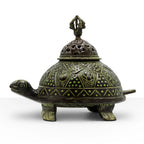 Brass Verdigris Tibetan Turtle Incense Holder - Large featuring intricate engraved patterns and a removable perforated lid for incense smoke diffusion.