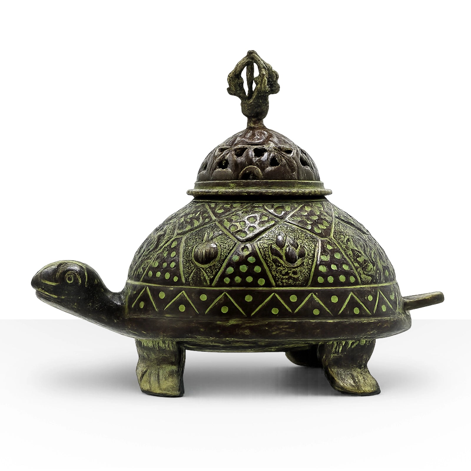 Brass Verdigris Tibetan Turtle Incense Holder - Large