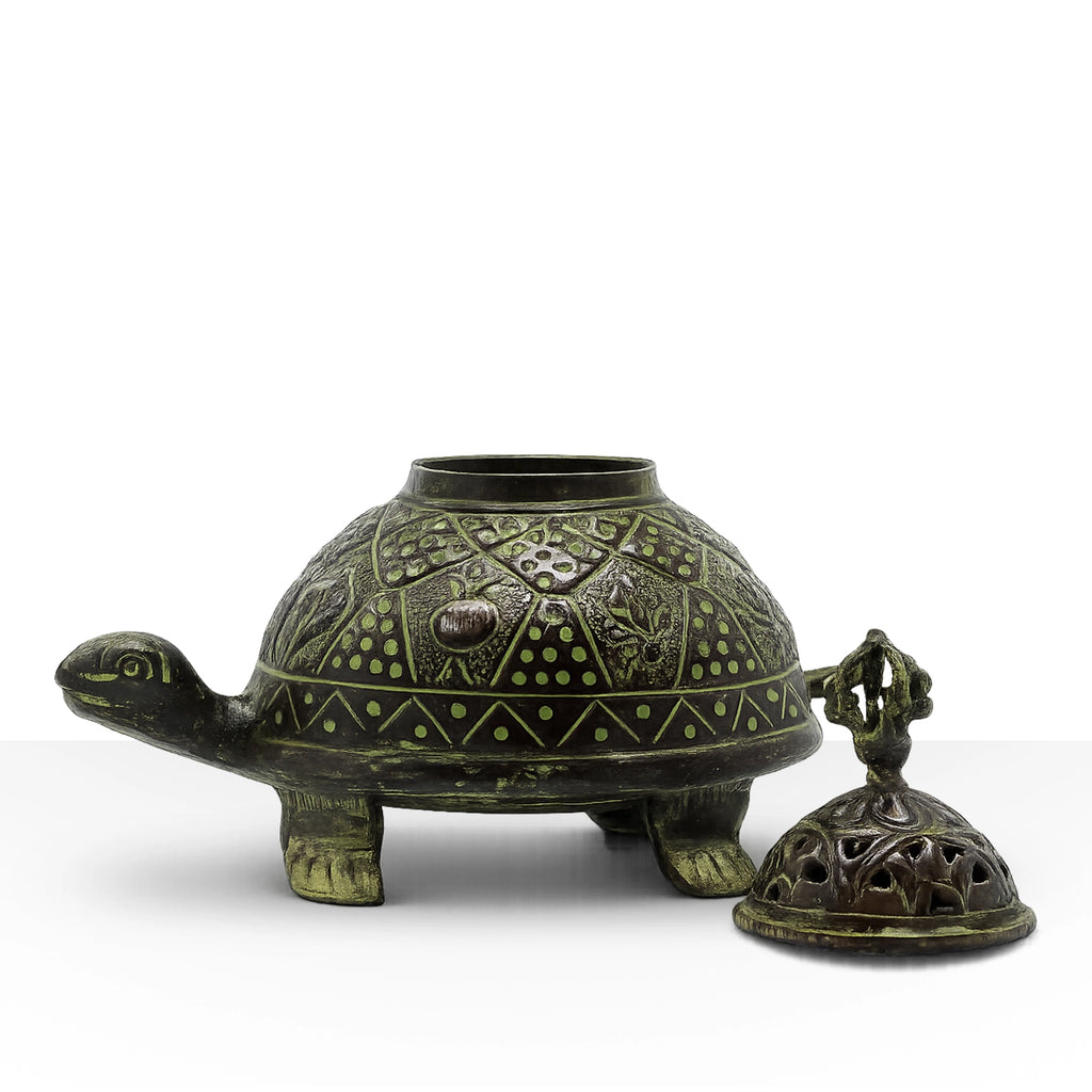 Brass Verdigris Tibetan Turtle Incense Holder - Large