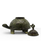 Brass Verdigris Tibetan Turtle Incense Holder - Large with intricate engraved patterns and a removable lid designed for holding incense cones or sticks.