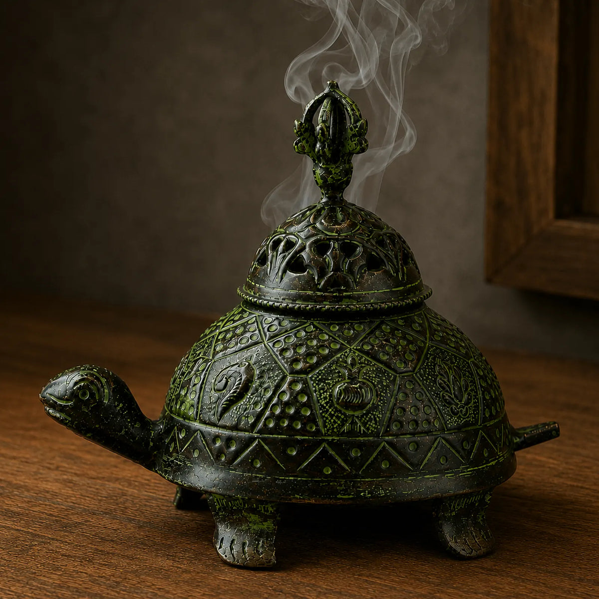 Brass Verdigris Tibetan Turtle Incense Holder - Large