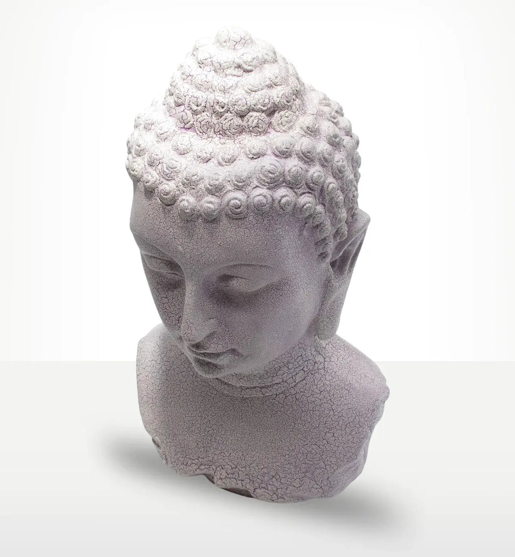 Buddha Bust Lamp Lavender Crackle - Oval Stand featuring a lavender crackle finish on a serene Buddha head bust, perfect for calming Buddha decor and ambient lighting.