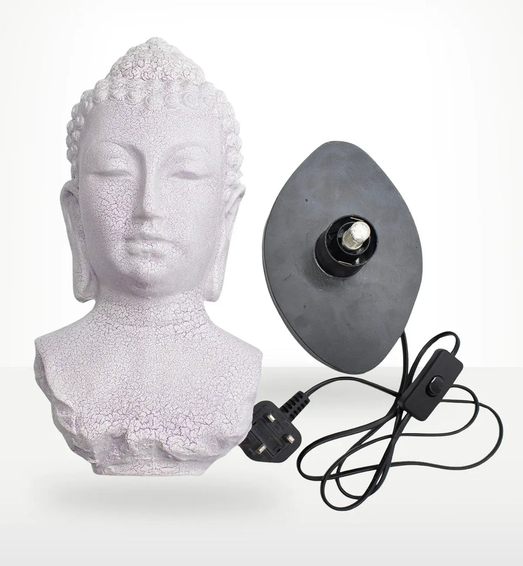 Buddha Bust Lamp Lavender Crackle - Oval Stand showing a lavender crackle textured Buddha head lamp with an oval black base and attached power cord with switch.