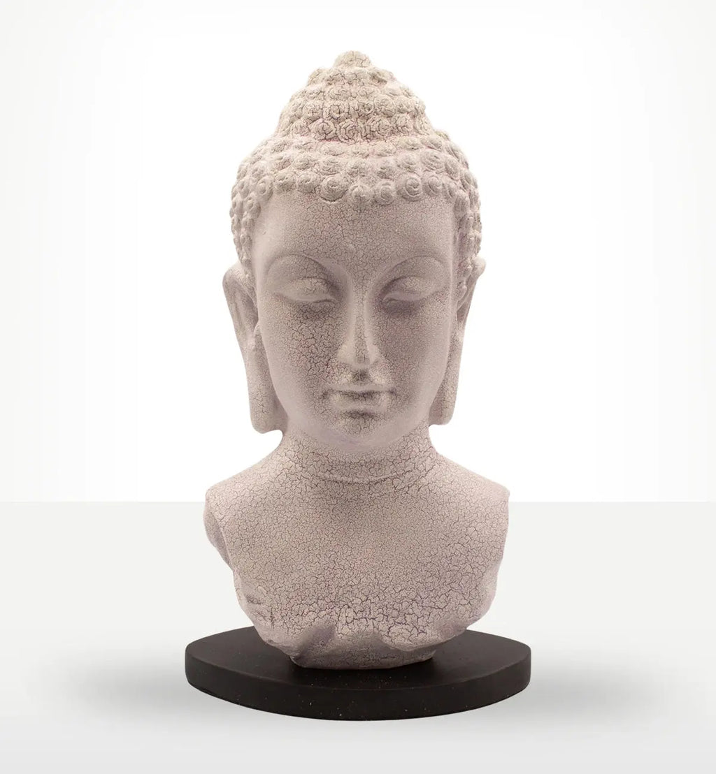 Buddha Bust Lamp Lavender Crackle - Oval Stand featuring a textured lavender crackle finish on a serene Buddha head sculpture mounted on an oval black stand, ideal for elegant Buddha decor.