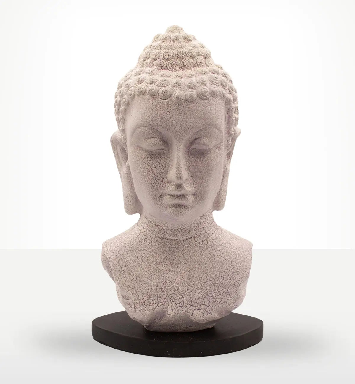 Buddha Bust Lamp Lavender Crackle - Oval Stand featuring a textured lavender crackle finish on a serene Buddha head sculpture mounted on an oval black stand, ideal for elegant Buddha decor.