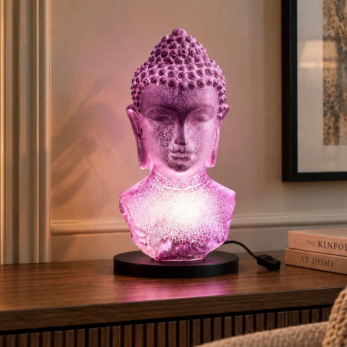 Buddha Bust Soft Glow Light Lamp Lavender Crackle - Oval Stand