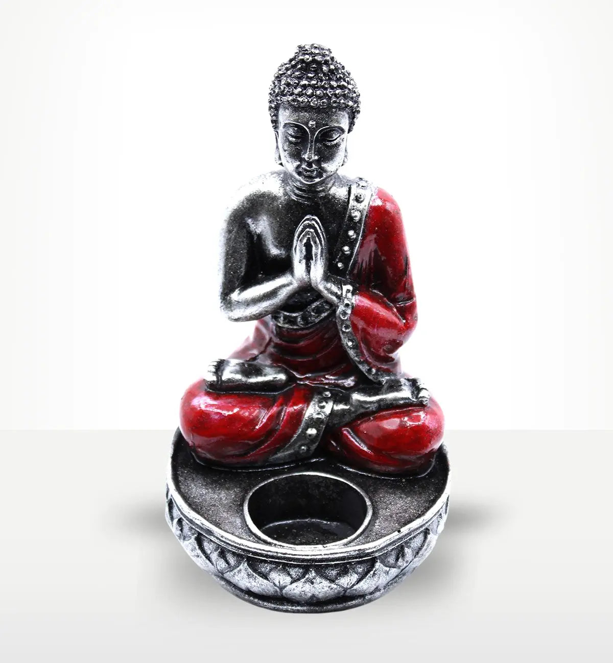 Buddha Candle Holder - Red - Medium featuring a hand-painted Buddha statue in a meditative pose with silver and red accents, designed to hold a small candle.