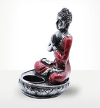 Buddha Candle Holder - Red - Medium features a meditative Buddha figure in red and silver tones, designed to hold a candle with a decorative lotus base for serene home decor.