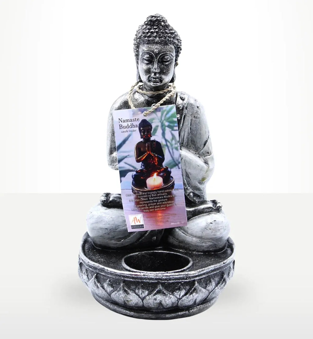 Buddha Candle Holder - White - Medium featuring a hand-carved resin Buddha statue in a seated meditation pose with a circular base designed to hold a candle, perfect for serene Buddha decor.
