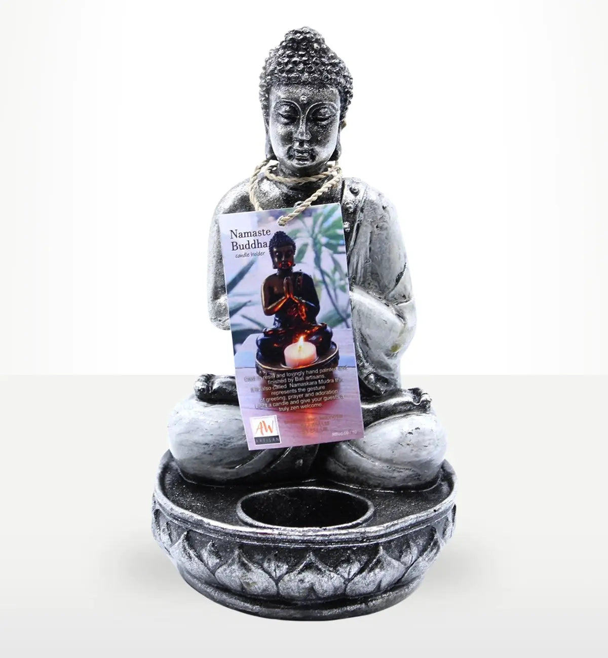 Buddha Candle Holder - White - Medium featuring a hand-carved resin Buddha statue in a seated meditation pose with a circular base designed to hold a candle, perfect for serene Buddha decor.