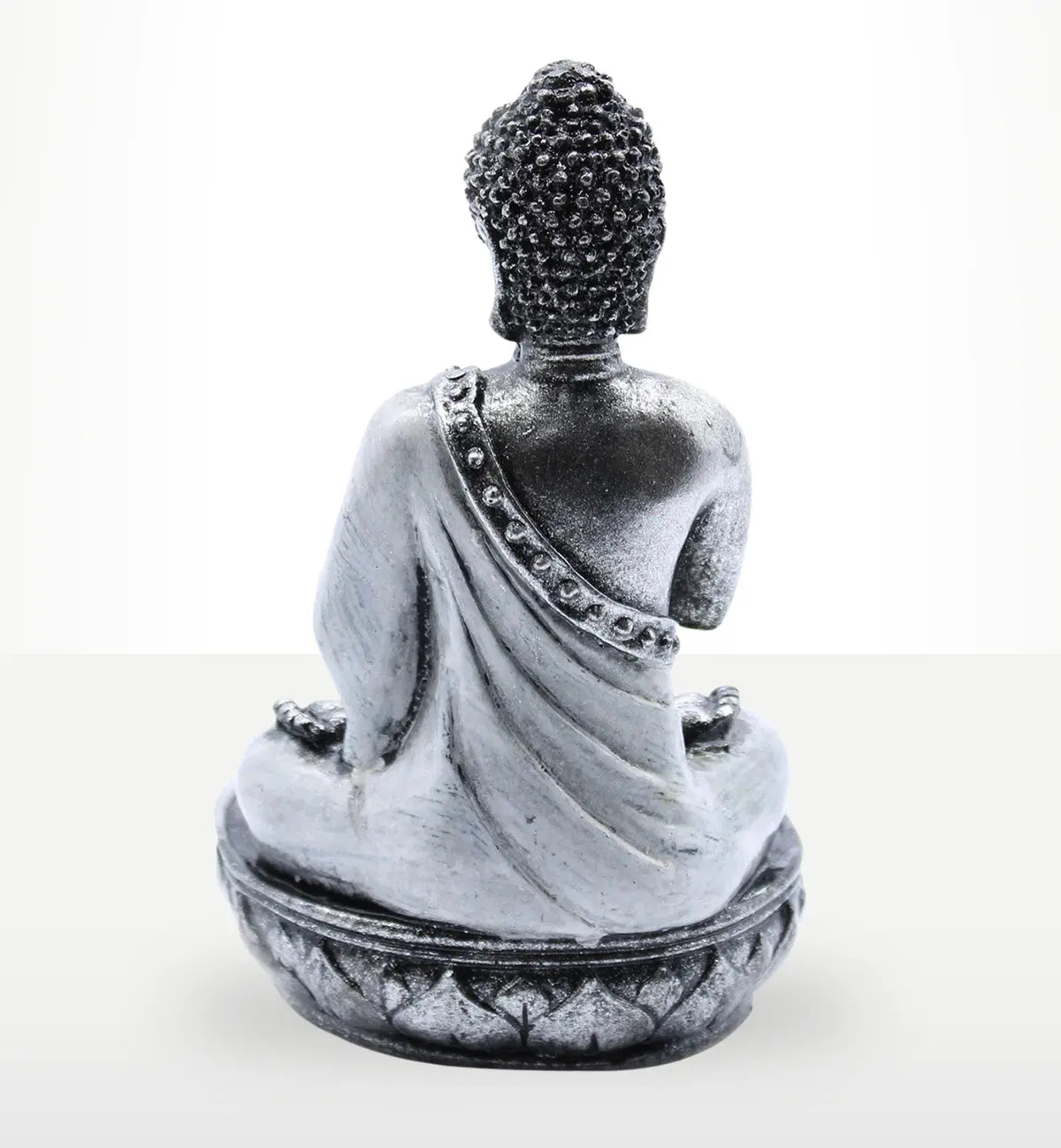 Rear view of a hand-carved Buddha statue with intricate hair detailing, seated on a lotus pedestal, representing meditation and calm, featuring the Buddha Candle Holder - White - Medium design.