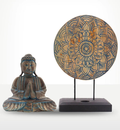 Buddha Feng Shui Set - Flower Mandala - Blue featuring a blue-accented resin Buddha statue in a meditative pose alongside a decorative flower mandala on a black stand.