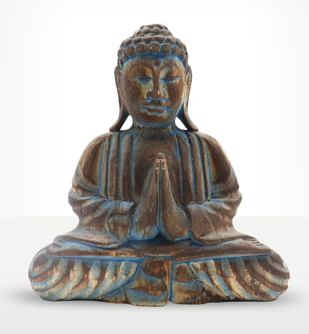 Buddha Feng Shui Set - Flower Mandala - Blue depicting a serene, hand-carved wooden Buddha statue with blue accents, sitting in meditation with palms together in a prayer pose.