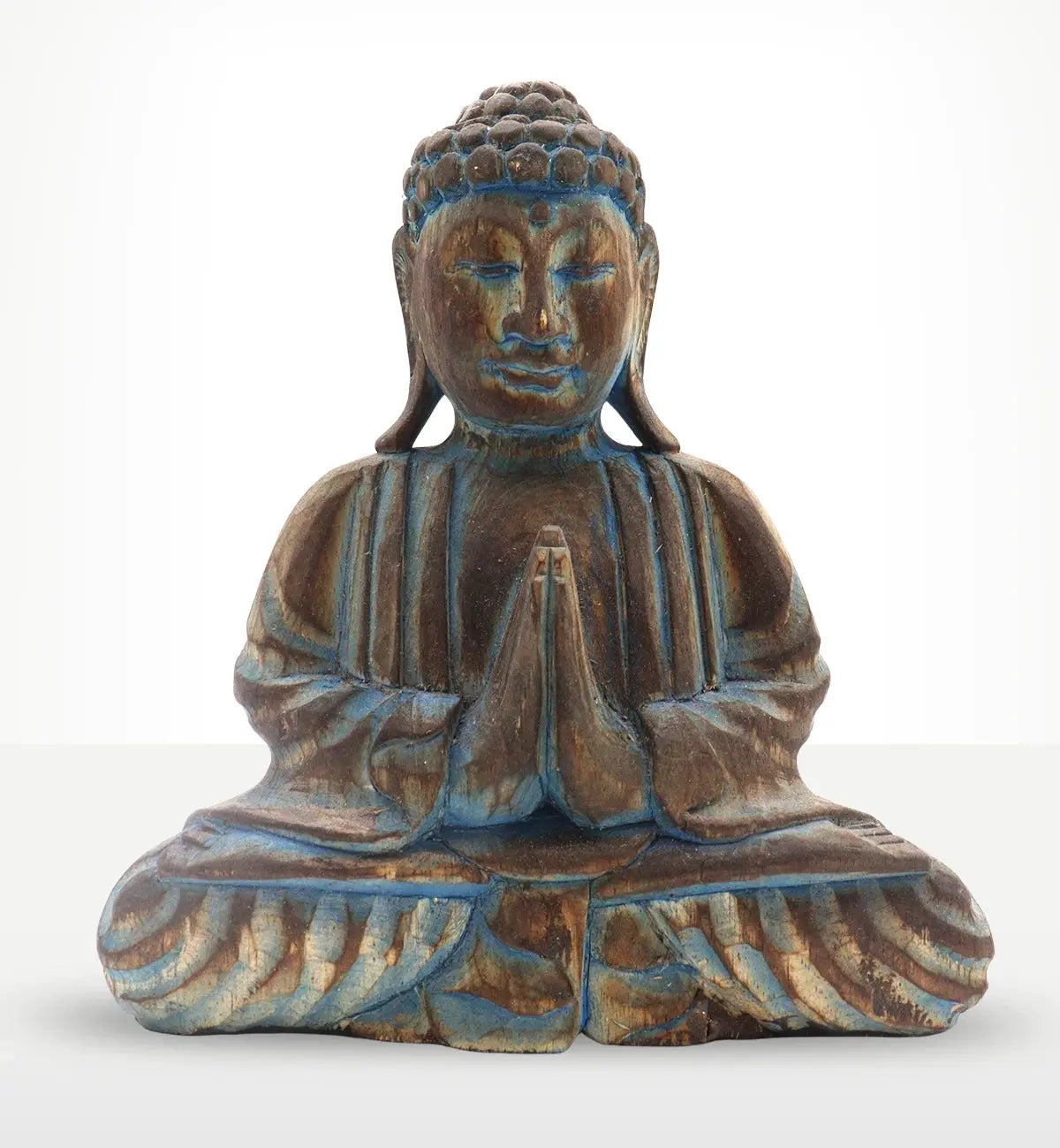 Buddha Feng Shui Set - Flower Mandala - Blue depicting a serene, hand-carved wooden Buddha statue with blue accents, sitting in meditation with palms together in a prayer pose.