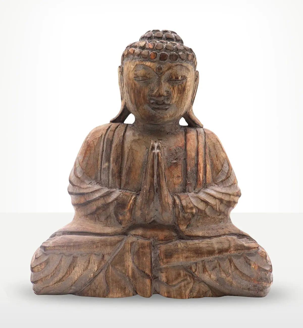 Buddha Feng Shui Set - Hamsa - Grey featuring a hand-carved wooden Buddha statue in a meditative pose with detailed robes and serene expression for calming Buddha decor.