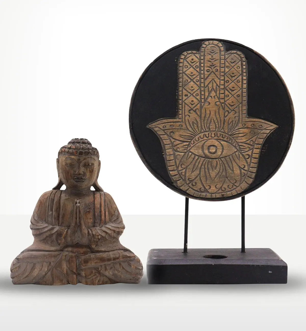 Buddha Feng Shui Set - Hamsa - Grey with a hand-carved resin Buddha statue in a meditative pose next to a grey decorative Hamsa hand symbol on a stand.