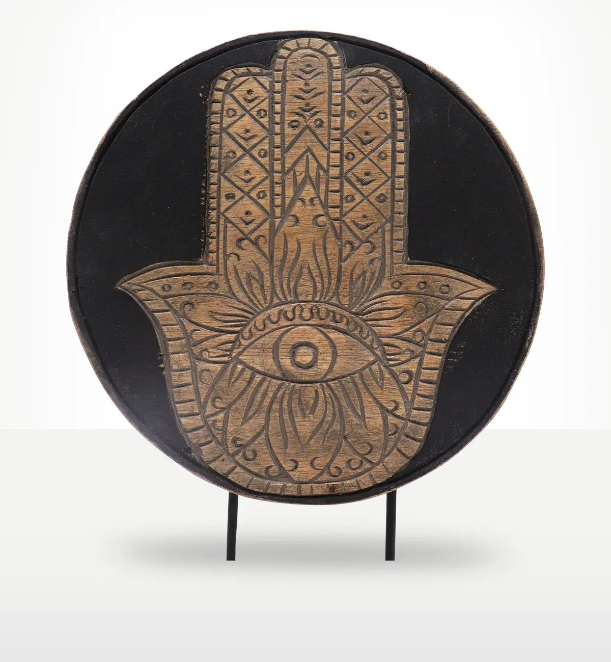 Buddha Feng Shui Set - Hamsa - Grey featuring a hand-carved wooden Hamsa symbol with intricate patterns and a central eye design, displayed on a round grey stand.