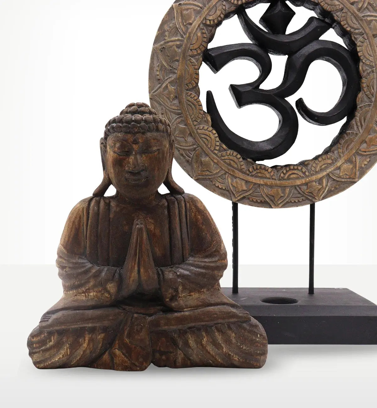 Buddha Feng Shui Set - Om - Grey & Black featuring a hand-carved Buddha statue in a meditative pose with a grey and black Om symbol on a decorative stand, perfect for spiritual decor.