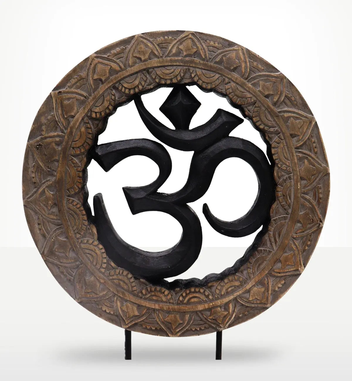 Buddha Feng Shui Set - Om - Grey & Black featuring a carved grey outer circle with intricate patterns surrounding a bold black Om symbol in the center, designed for spiritual decor.