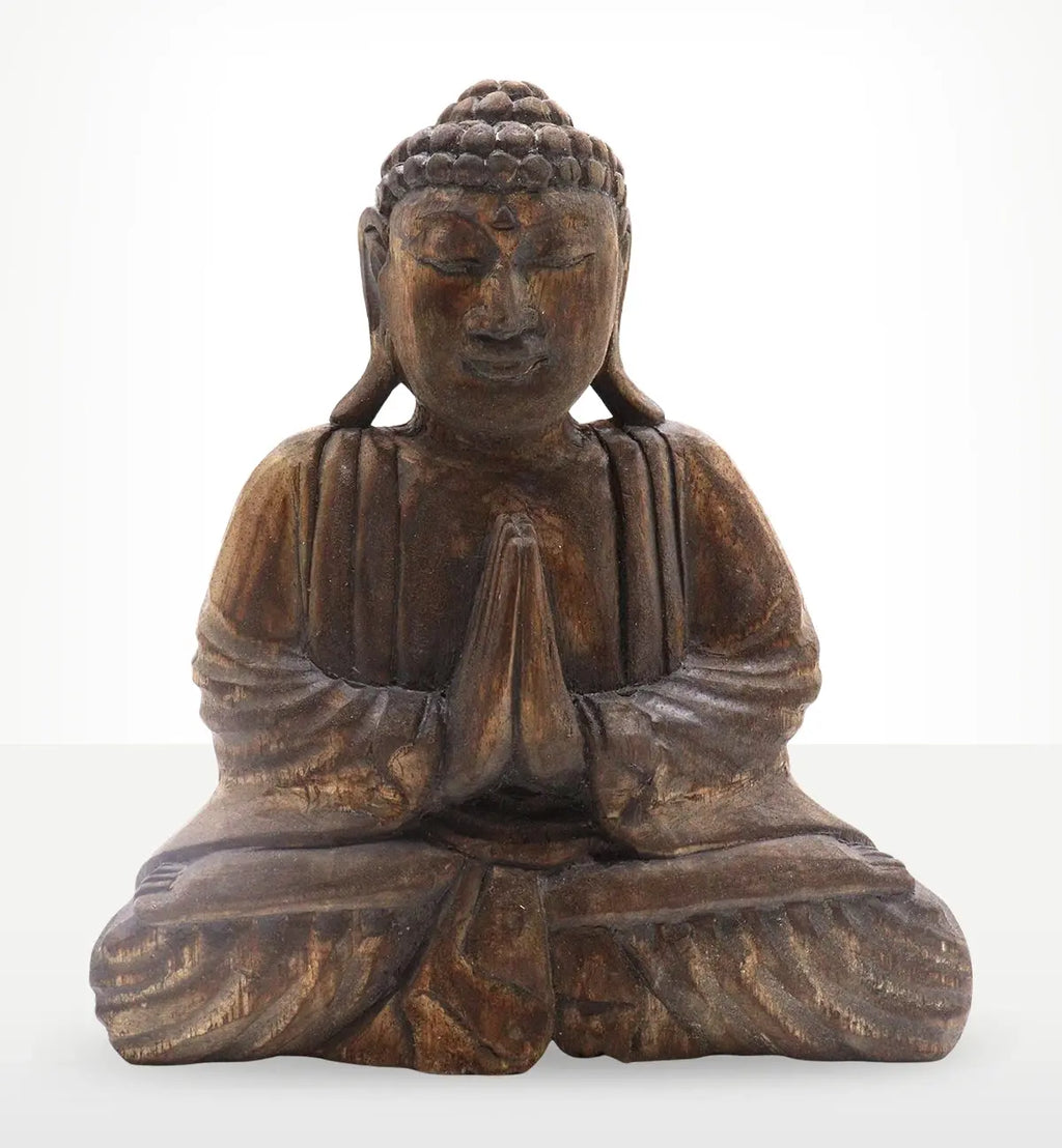 Buddha Feng Shui Set - Om - Grey & Black featuring a hand-carved Buddha statue in a meditative pose with hands together, showcasing intricate detailing and serene expression.