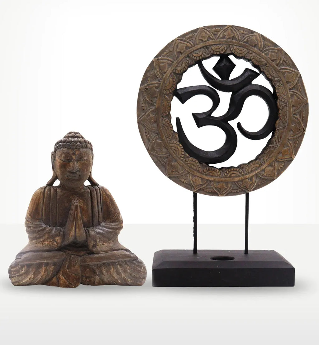 Buddha Feng Shui Set - Om - Grey & Black featuring a hand-carved Buddha statue seated in meditation pose alongside a stylized Om symbol framed in an ornate circular stand.