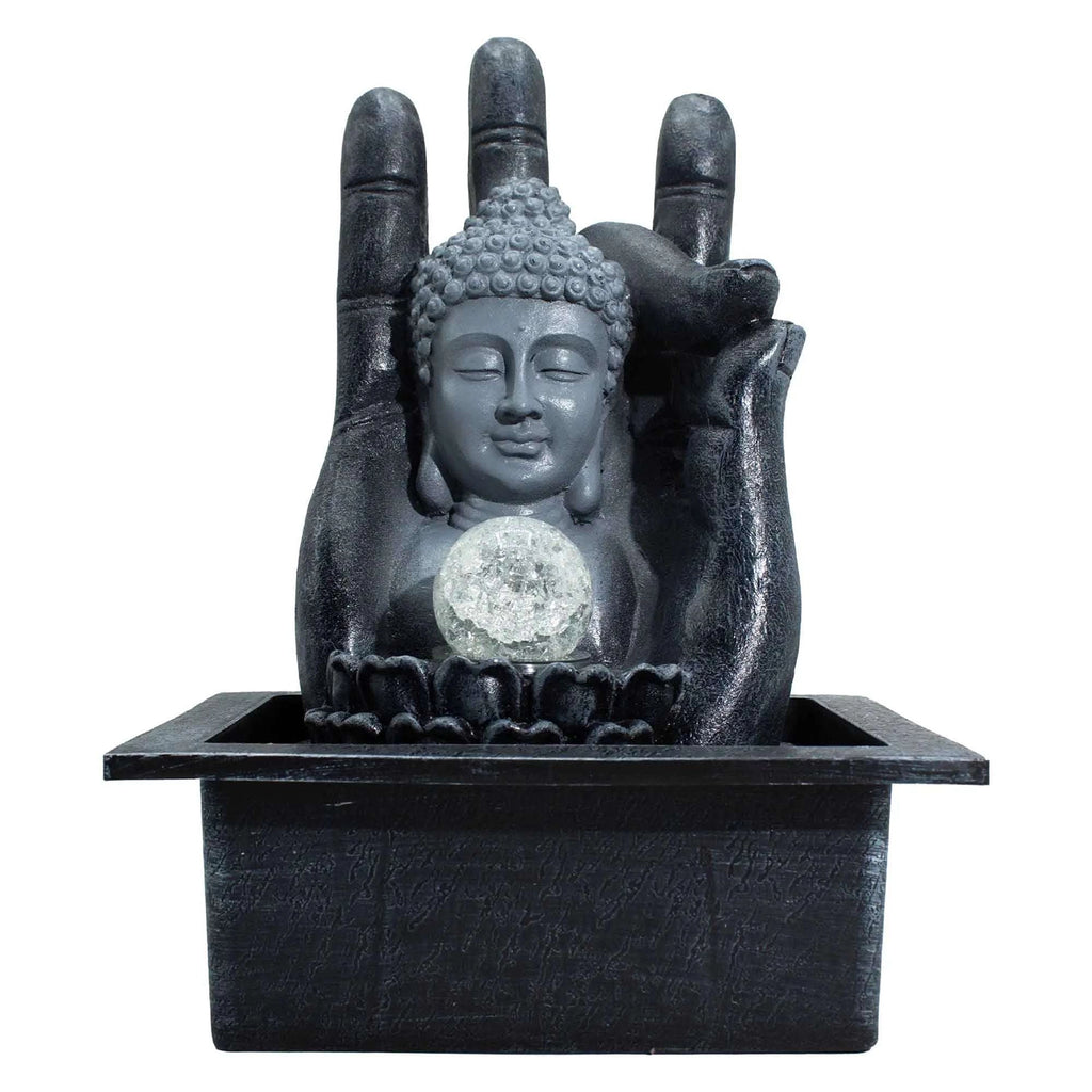 Statue of Buddha within a hand holding a crystal ball on a white background