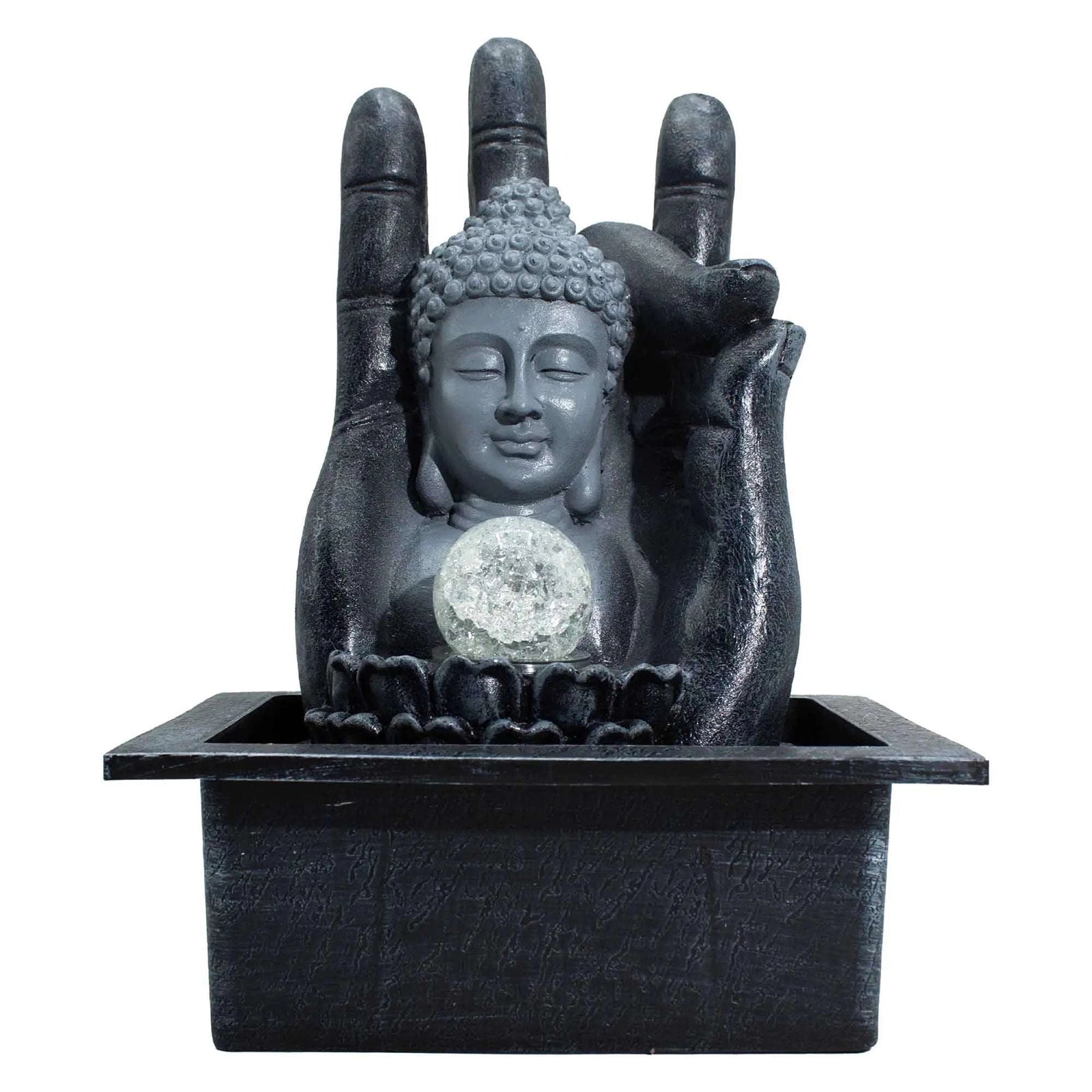 Statue of Buddha within a hand holding a crystal ball on a white background