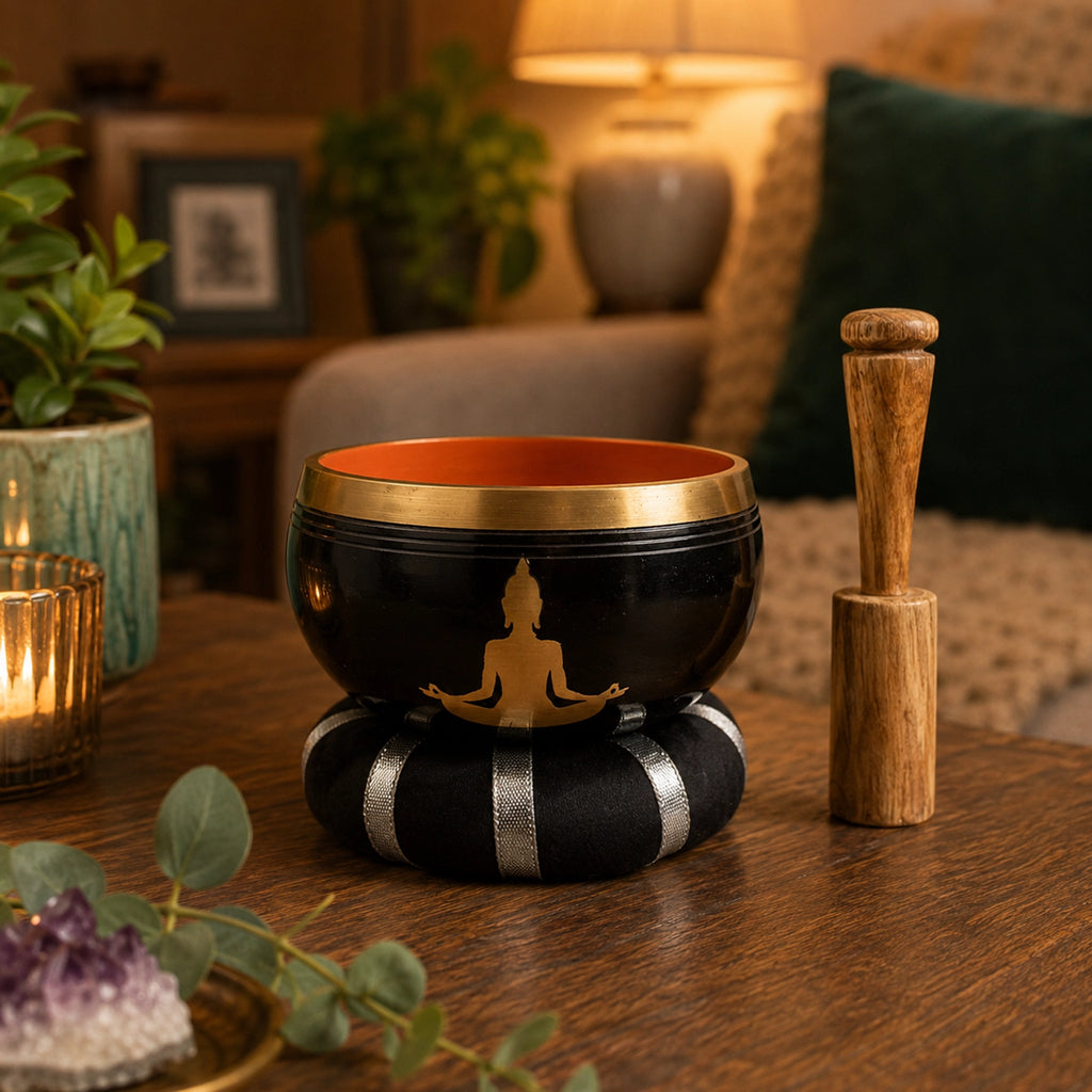 Buddha Singing Bowl Set- Black/Orange 10.7cm