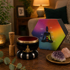 Buddha Singing Bowl Set- Black/Orange 10.7cm featuring a black bowl with gold Buddha design, wooden striker, colorful chakra guide, and crystals on a wooden table in a cozy room setting.