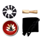 Buddha Singing Bowl Set- Black/Orange 10.7cm featuring a black and silver cushion, wooden mallet, red singing bowl with gold Buddha motif, and black storage pouch.