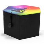 Buddha Singing Bowl Set- Black/Orange 10.7cm packaging box with black base and colorful chakra design on the lid featuring a meditating Buddha silhouette.